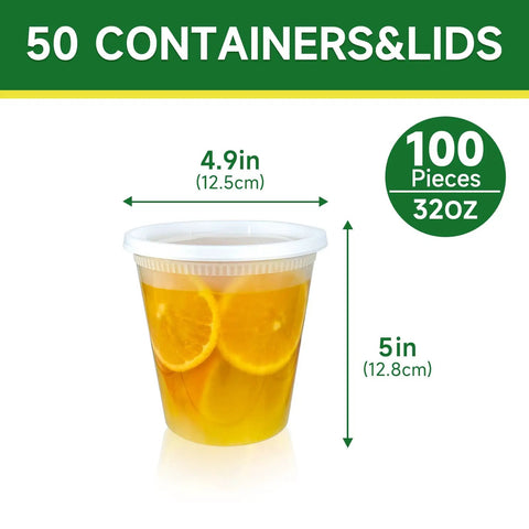 50 Pack 32 Ounces Deli Containers With Lids Leak Proof BPA Free Plastic Takeout Bowls with lemon slices inside, size displayed