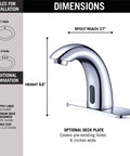 Dimensions diagram of Chrome Touchless Bathroom Sink Faucet with Motion Sensor for 1 or 3 hole installations, dual power supply.
