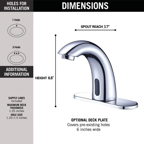 Dimensions diagram of Chrome Touchless Bathroom Sink Faucet with Motion Sensor for 1 or 3 hole installations, dual power supply.