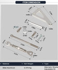 Dimensions and components of Adjustable Billet Alternator Bracket Kit For Chevy Small Block V8 With Long Water Pump Polished Aluminum