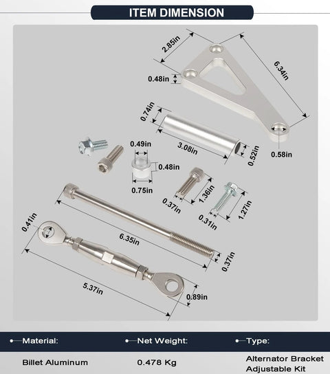 Dimensions and components of Adjustable Billet Alternator Bracket Kit For Chevy Small Block V8 With Long Water Pump Polished Aluminum