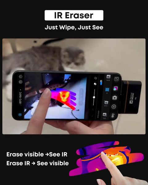 IR Eraser feature on a Dual Lens Android Thermal Camera with IR Eraser, 512x384 Sensor displaying heat and details on screen.