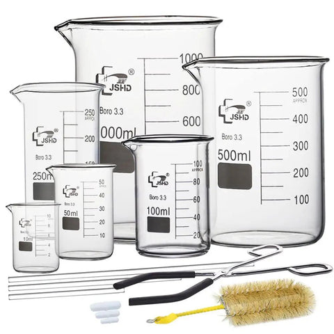 14 Piece Glass Beaker Set With 6 Graduated Beakers 10Ml 50Ml 100Ml 250Ml 500Ml 1000Ml Plus 11 Inch Beaker Tongs for Home Lab Use