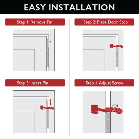 Installation steps for Five Pack Hinge Pin Door Stops With Rubber Tips And Wall Protectors, Satin Nickel Adjustable Door Stoppers For Easy Install