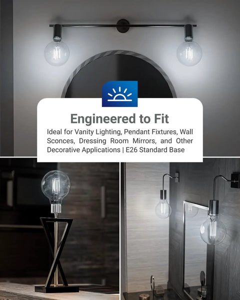 G25 LED Globe Filament Bulbs Dimmable Edison Vanity Light, 3000K Warm White on wall and table lamps, E26 base