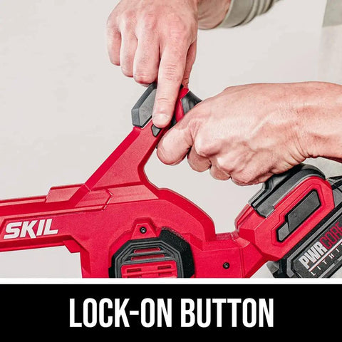 Heavy Duty Brushless Cordless Circular Saw Kit With 7-1/4 In Rear Handle Blade, showing the lock-on button for ease of use.
