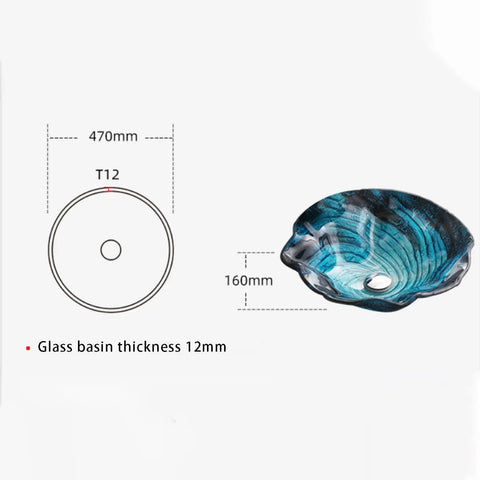 Bathroom Vessel Sink, Flower Shape Blue Vanity Sink Bowl, Countertop Tempered Glass Vessel Sink Combo For Bathrooms, 470mm diameter.