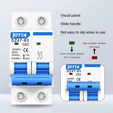 63 Amp Two Pole AC Miniature Circuit Breaker For 120 To 240V Systems With DIN Rail Mount DZ47-63 50/60Hz front view