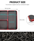 Image showing dimensions of Must Have Magnetic Parts Tray Aluminum Alloy Organizer For RC Screws With Magnetic Pad Three Compartment Car Workshop Small Tool Tray For Sockets Bolts Pins Auto Repair Accessories Red.