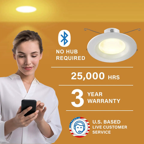 Smart Recessed LED Can Lights 5/6 Inch Retrofit Kit Plug And Play 940 Lumen Soft White 2700K Dimmable 11.5W Downlight With Baffle Trim Bluetooth No Hub Needed Works With Alexa 4 Pack, woman using phone
