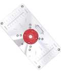 Hefty Aluminum Router Plate With Four Snap On Insert Rings For Sharp Wood Milling Trimming And Butter Smooth Engraving Jobs Shop Pro Gear that showcases precision markings and a red insert.