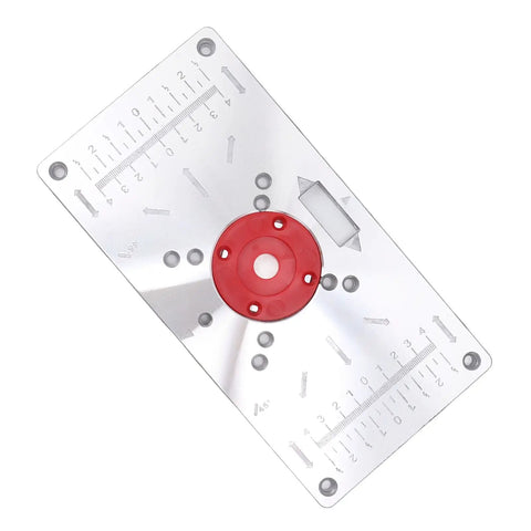 Hefty Aluminum Router Plate With Four Snap On Insert Rings For Sharp Wood Milling Trimming And Butter Smooth Engraving Jobs Shop Pro Gear that showcases precision markings and a red insert.