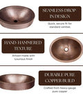 Hand Hammered 17-Inch Oval Skirted Drop-In Copper Bathroom Sink showing design features and texture details.