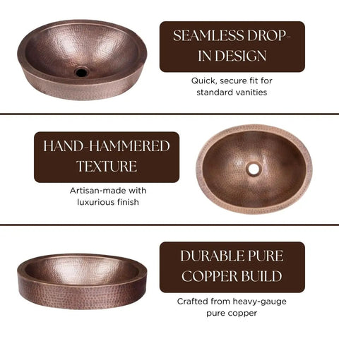 Hand Hammered 17-Inch Oval Skirted Drop-In Copper Bathroom Sink showing design features and texture details.