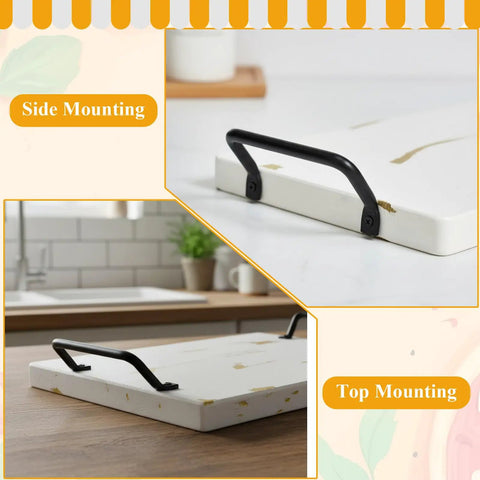 Heavy Duty Matte Black Iron Pulls For Cutting Boards And Serving Trays 8 Pack Cabinet Hardware side and top mounted on trays.