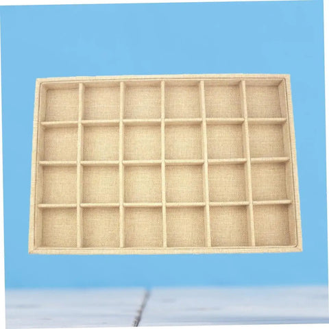 Switch Up Your Desktop Jewelry Tray With Adjustable Grid Dividers For Earrings And Rings Premium Sackcloth Organizer displayed against a blue background.