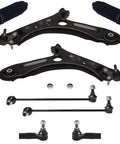 10 Piece Suspension Kit For 2011 2018 Volkswagen Jetta Front End Includes 2 Front Lower Control Arms With Ball Joints 4 Outer Inner Tie Rods And 2 Sway Bars Replacement, black components displayed on white background