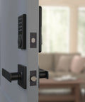 Keyless Touchscreen Deadbolt Lock With Passage Lever Matte Black Finish ANSI Grade 3 Security on a half-open door in a room.