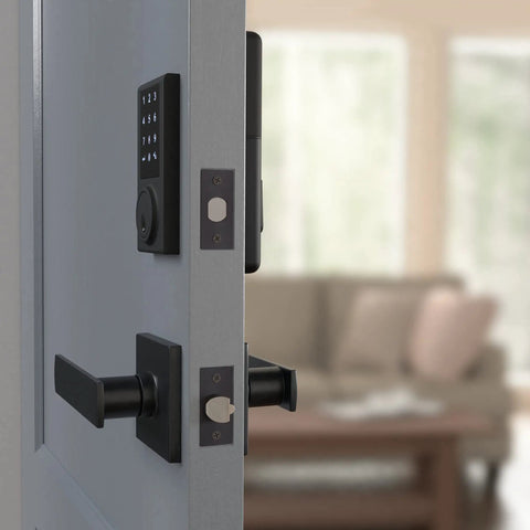 Keyless Touchscreen Deadbolt Lock With Passage Lever Matte Black Finish ANSI Grade 3 Security on a half-open door in a room.