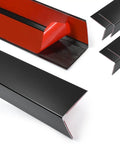 No Sweat 4 Pack Black Aluminum Corner Guards With Super Easy Peel And Stick Install showing L shape protectors and adhesive backing.