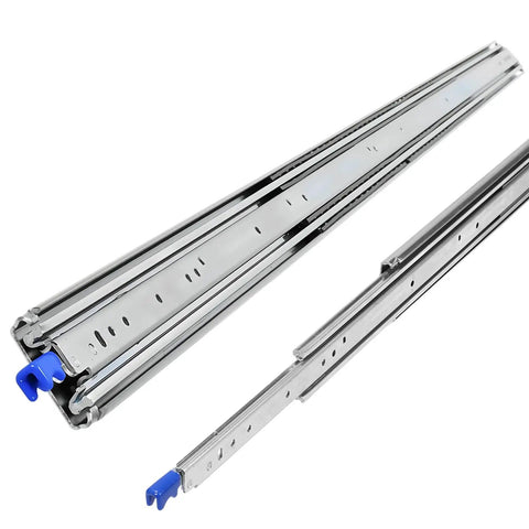 Heavy Duty Three Fold Drawer Slides With Smooth Ball Bearings And Locking Protection Built Different For Zero Wobble Gliding and 300 Pound load support in stainless steel finish.