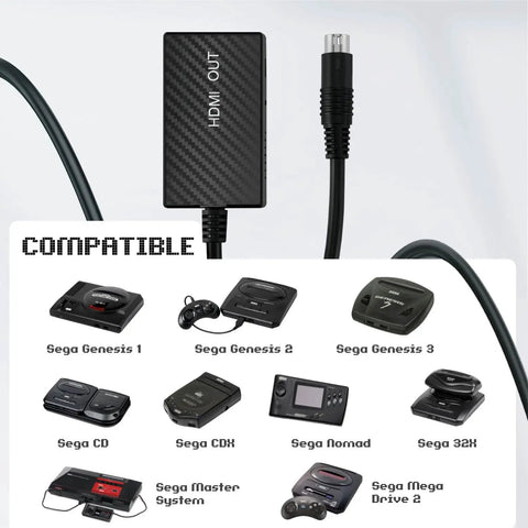 Sega Genesis HDMI Adapter For Model 2 And Mega Drive 2 Consoles Plug And Play To Your HDTV Delivers Crisp 1080P HDMI Output With Vivid Colors USB Power Cable Included HDMI Cable Included Ready For Modern Retro Gaming, compatible Sega consoles
