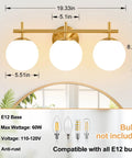 Next Level Three Light Bathroom Vanity Lights In Brushed Gold Finish With Milky White Glass Globe Shades Modern Wall Sconce Over Mirror displayed with dimensions and product detail.