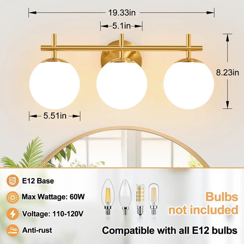 Next Level Three Light Bathroom Vanity Lights In Brushed Gold Finish With Milky White Glass Globe Shades Modern Wall Sconce Over Mirror displayed with dimensions and product detail.