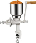 Manual Cast Iron Grain Grinder With Hand Crank filled with corn for wheat, seeds, nuts; durable kitchen mill for home cooking, meal prep use.