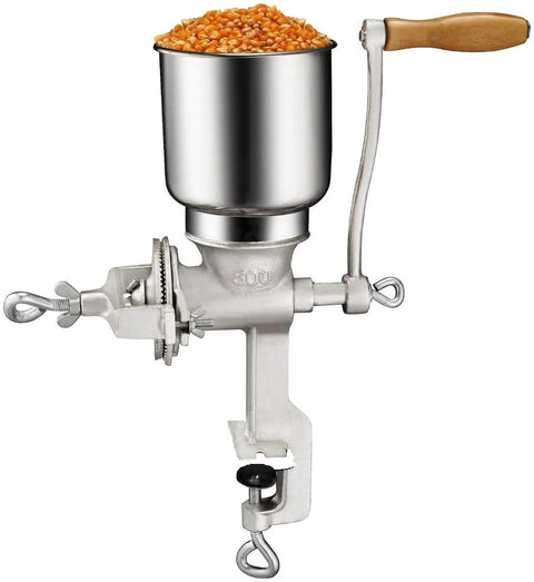 Manual Cast Iron Grain Grinder With Hand Crank filled with corn for wheat, seeds, nuts; durable kitchen mill for home cooking, meal prep use.