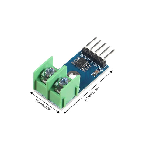 Front view of MAX6675 Thermocouple Module With K-Type Sensor For Arduino, SPI Interface, showing pin connectors and green screw terminals.