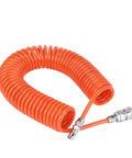 Pro Grade Polyurethane Coiled Air Hose With Twist Free Swivel End Fittings Grease Resistant Pneumatic Spiral Tube For Air Compressor Garage Shop Heavy Duty Tough As Nails Pro Tool Cord in bright orange color.