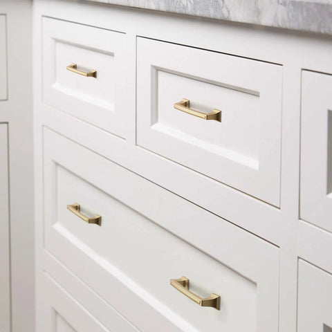 Gold Cabinet Handles Set 10 Pack 5 Inch Hole Center Drawer Pulls installed on white cabinets in kitchen