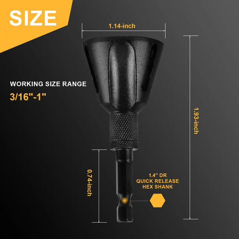 Built Tough Three Sixteenths To One Inch External Chamfer Tool, featuring dimensions and working size range.