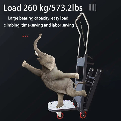 Must-Have Electric Stair Climbing Dolly With Powered Tracks And Four Wheels For Moving Heavy Furniture Safely Up Or Down Any Stairs Made Simple With Smooth Motorized Control with an elephant on it, showing high load capacity.