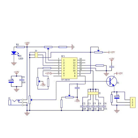 Schematic of DIY ICL8038 Signal Generator Kit With FR4 PCB showcasing circuit design for adjustable 5Hz-400kHz frequency, multiple waveforms.