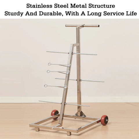 Stainless steel Turntable Cable Roller Stand With Wheels For Easy Wire Management And Spool Storage on a wood floor.