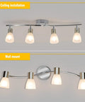 4-Light Foldable Track Lighting With Glass Shades, S Shaped Ceiling Fixture showing ceiling and wall mount options, E12 Base.