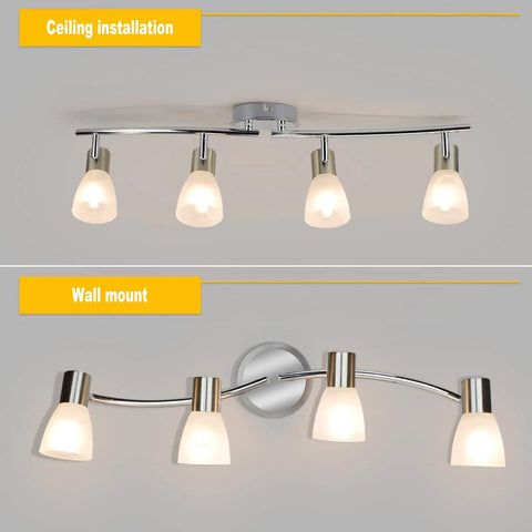 4-Light Foldable Track Lighting With Glass Shades, S Shaped Ceiling Fixture showing ceiling and wall mount options, E12 Base.
