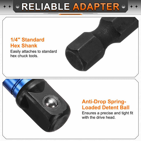 Impact Driver Socket Adapter Extension Set 4 Piece Half Inch Square Drive To Quarter Inch Hex Shank Universal Fit
