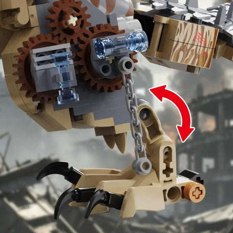 725 Piece Mechanical Dinosaur Attack Set With Tyrannosaurus Rex, Pterosaur And Off Road Vehicle In A Dino Park World Build Kit For Ages 6 To 14 And A Great Birthday Gift For Boys And Girls. close-up of mechanical dinosaur head with gears and chain