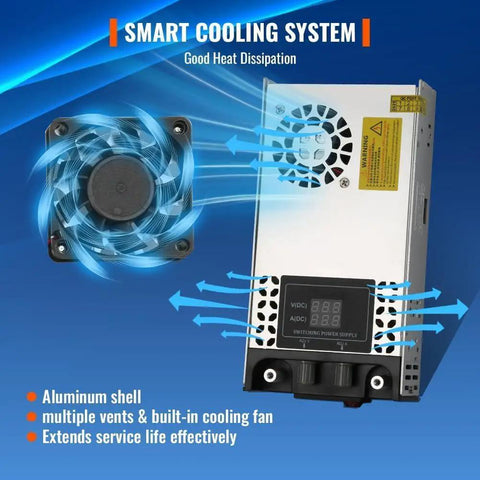 Adjustable Dc Bench Power Supply Pumping Out 0 To 12 Volt And 0 To 50 Amp With A Smooth 600 Watt Switching Build featuring smart cooling system and digital gauges.