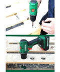 Beefy 21V Rechargeable Cordless Hand Drill Kit Featuring Dual Speed Gears and Black Oxide High Carbon Steel Bits in use on wood.