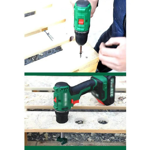 Beefy 21V Rechargeable Cordless Hand Drill Kit Featuring Dual Speed Gears and Black Oxide High Carbon Steel Bits in use on wood.