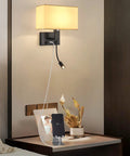 Hardwired Black Wall Sconce With USB Port And Reading Lamp, Linen Fabric Shade Bedside Wall Light For Bedroom, Nightstand View