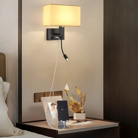 Hardwired Black Wall Sconce With USB Port And Reading Lamp, Linen Fabric Shade Bedside Wall Light For Bedroom, Nightstand View