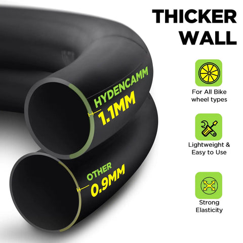 Cross-section of thick-walled 2 Pack 26x1.75-2.125 AV48 Schrader Butyl Bike Tubes for MTB Cruiser City Road Bikes, 1.1mm vs 0.9mm comparison