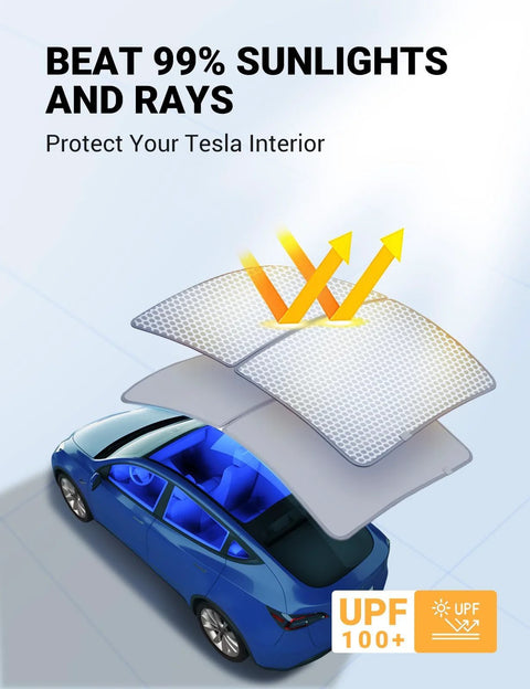 Installed view of Motrobe gray sunshade roof for Tesla Model Y; foldable glass sunroof cover with UV blocking