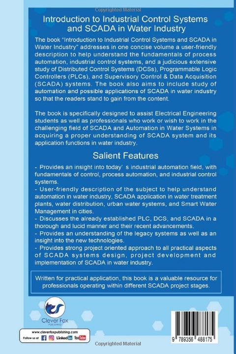 Book back cover: Introduction to Industrial Control Systems and SCADA in Water Industry; blue cover and Clever Fox logo.