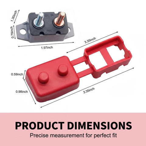 Dual Pack 30A 12V Circuit Breakers With Clear Covers And Red Indicators dimensions, showing size specifications and bolt terminals.